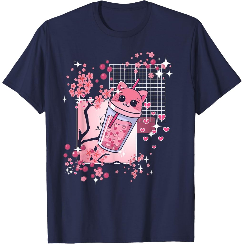 Kaos Anak Kawaii Boba Tea Cat Bubble Tea Japanese Anime Cherry Blossom T-Shirt Pakaian Fashion Baju 