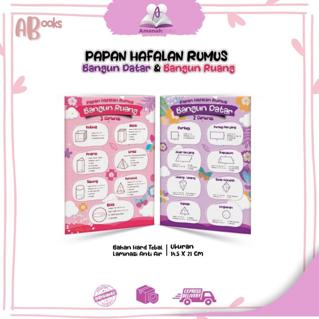 

AB//Papan Hafalan Rumus Bangun Datar & Bangun Ruang Bahan Hard Tebal Laminasi Anti Air 14,5 x 21 cm, Dua Warna Depan Belakang