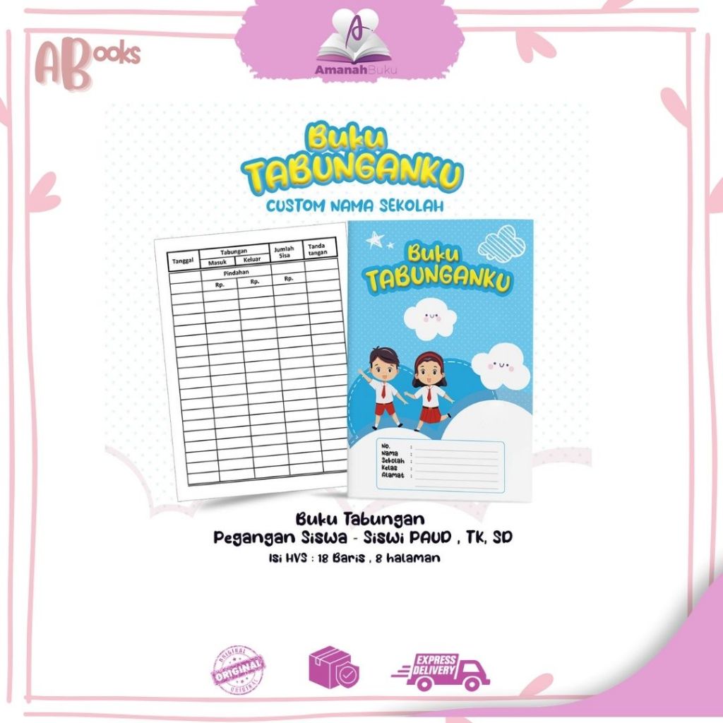 

Buku Tabungan Custom Nama+Cover & Lembaga Sekolah Berserta Alamat Tabungan Sekolah PAUD, TK, SD Warna Biru Awan