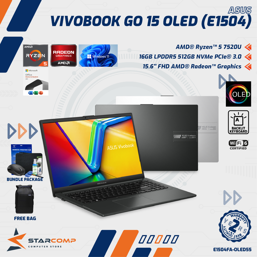 ASUS Vivobook Go 15 OLED E1504FA Ryzen 5-7520U 16G 512GB 15.6" FHD W11 OHS