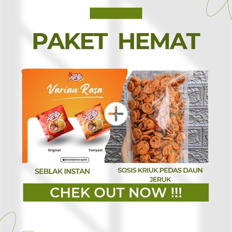 

PAKET HEMAT !!! 2pcs Varian Seblak Merapi Instan+Sosis Kriuk Pedas Daun Jeruk 100gr
