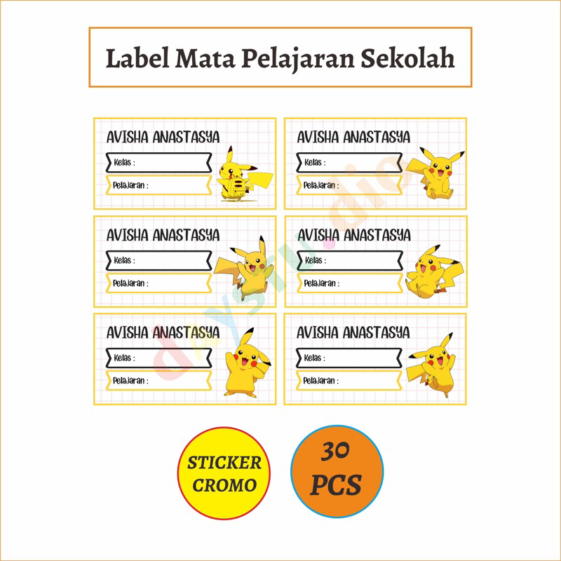 

30 PCS STICKER LABEL MATA PELAJARAN SEKOLAH ANAK TEMA PIKACHU