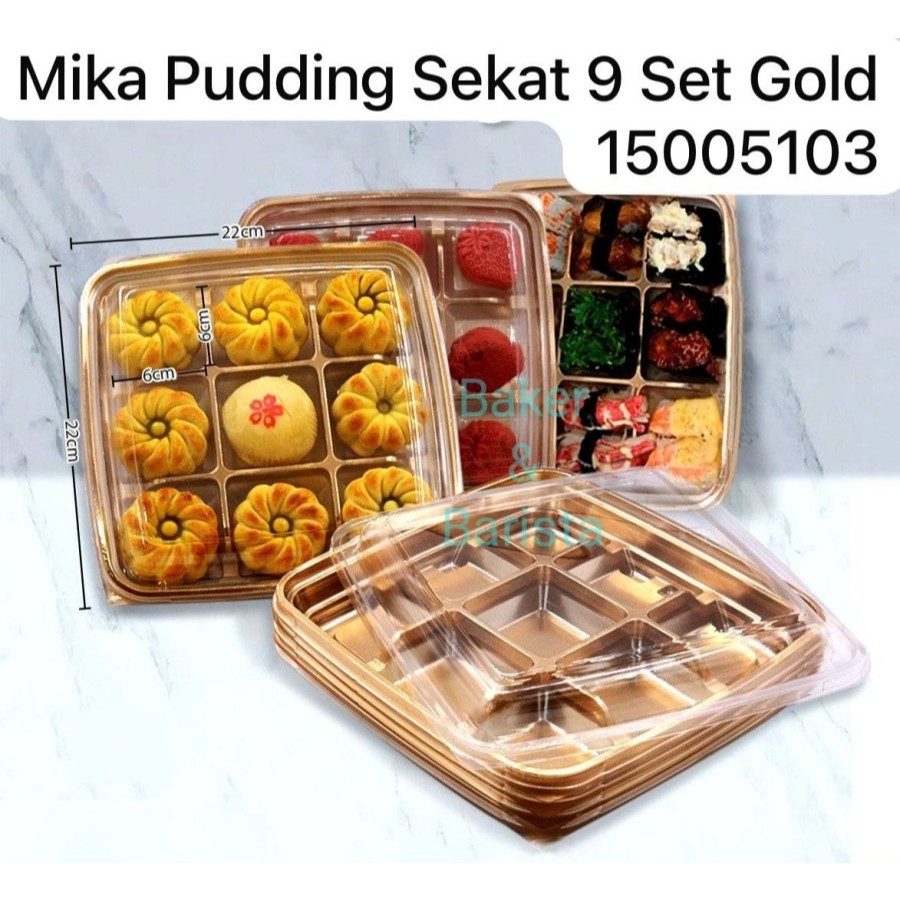 

Mika Pudding SeMika Pudding Sekat 9 Set Gold /Packaging Mika Cake Potong Cookies Pudding Sekat 9 dijual per 1 set Uk : 22x22cm Ukuran per sekat : 6cm (size keseluruhan) Tinggi : Cocok didus ukuran 25 x 25 cm atau ukuran 24 x 24 Bahan Mika Plastik tebal
