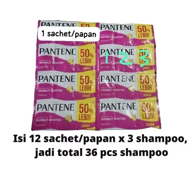 Shampoo Pantene Pro-V Perawatan Rambut Rontok, Anti Ketombe Jumbo, 15g (3x5ml), 1 renteng 12 sachet