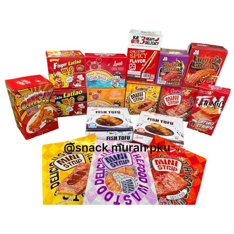 

ECERAN OMG / Atomic / Spicy Chili Strip / mini strip / fish tofu / Gluten / lumpia / skin / finger / mochi / fishtofu / crabstick viral HALAL