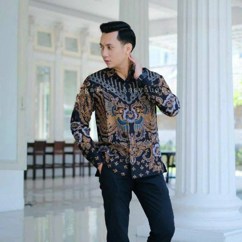 Kemeja pria lengan panjang motif batik atasan kantor cowok dewasa ukuran M L XL XXl