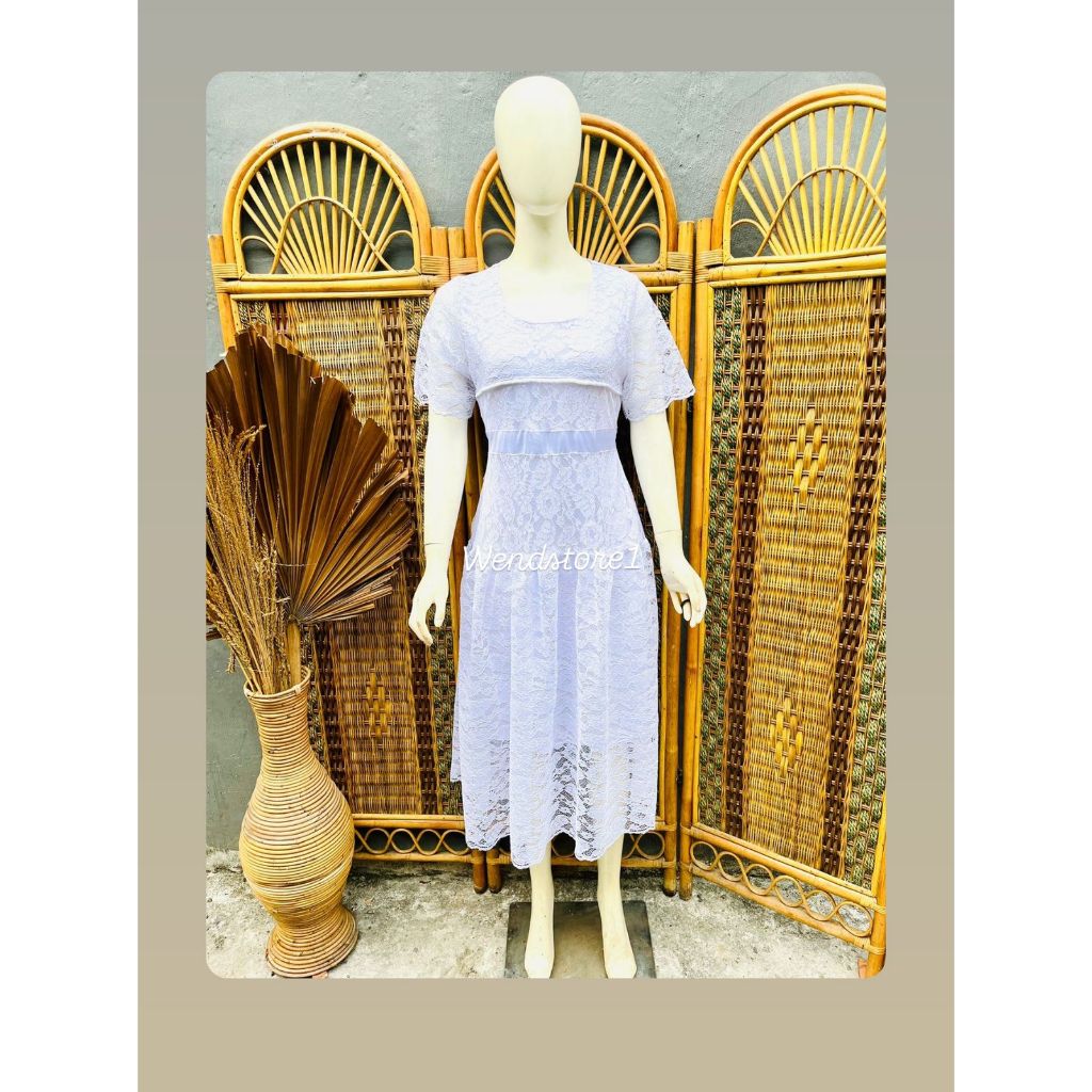 Dress Brokat Selutut Remaja Warna Putih Gaun Natal Selutut Midi