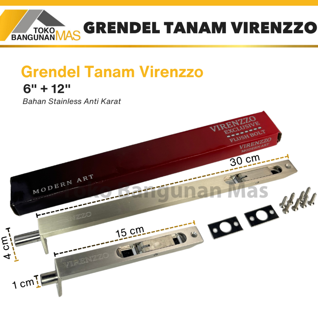 Grendel Tanam Stainless 12 Inch + 6 inch Virenzzo Grendel Pintu Utama Stainless Virenzzo