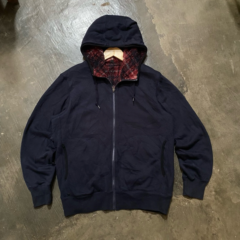 zip hoodie uniqlo sherpa navy tartan