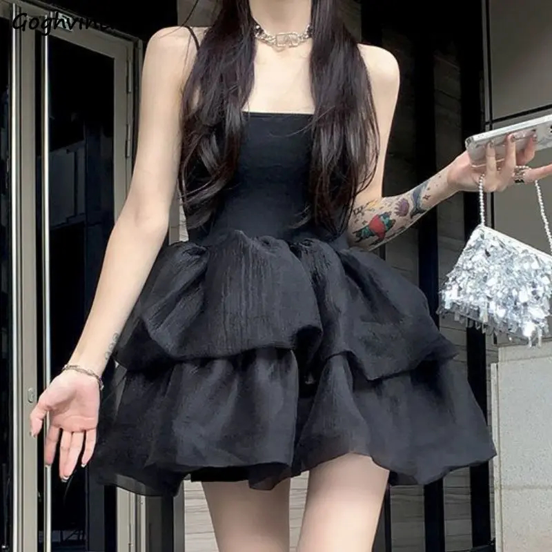 Black Mini Dress for Women Mesh Spaghetti Strap Hotsweet Streetwear Chic Summer Y2k Gothic Vintage V