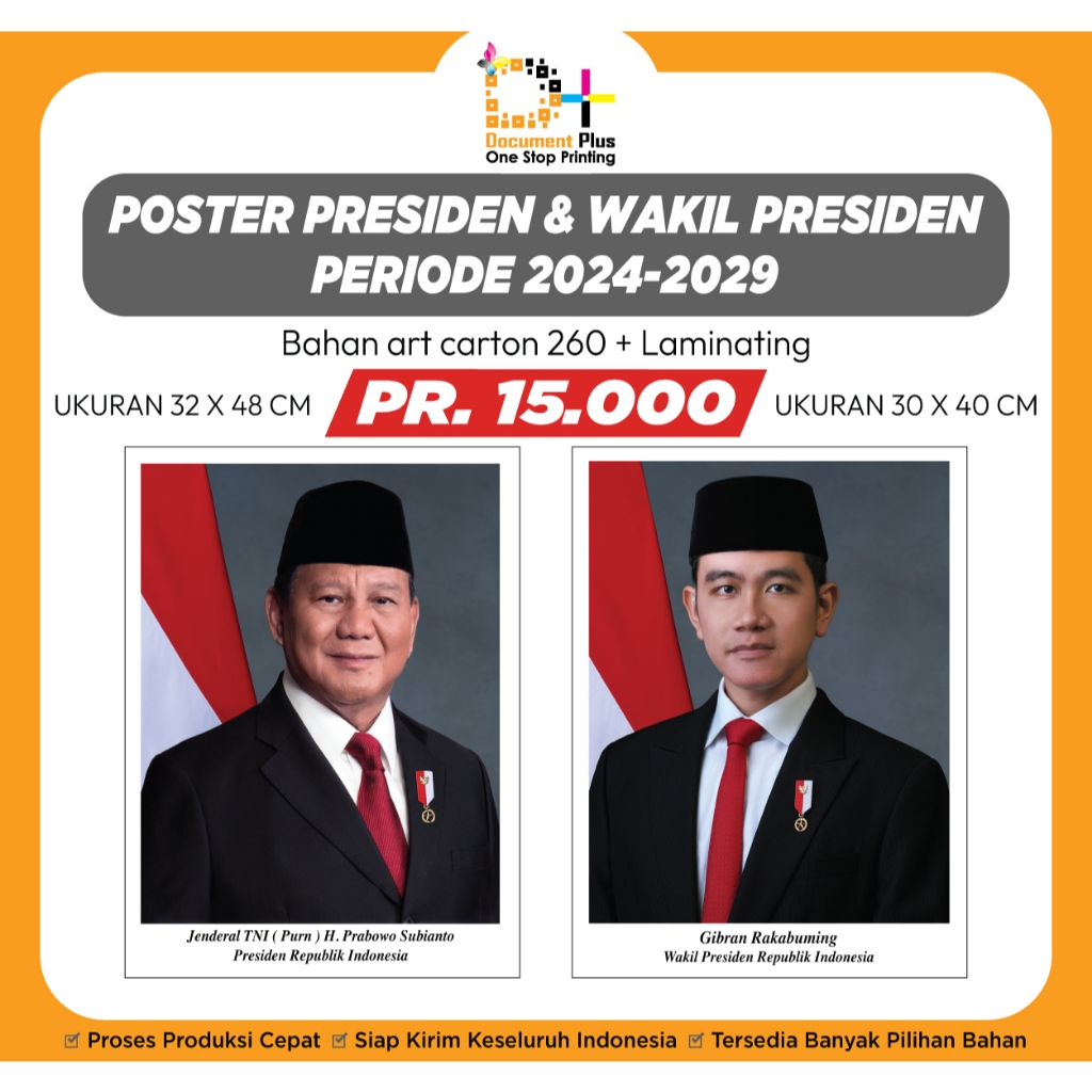 

Foto Presiden Dan Wakil Presiden Indonesia 2024 - 2029 Prabowo - Gibran Ukuran A3+