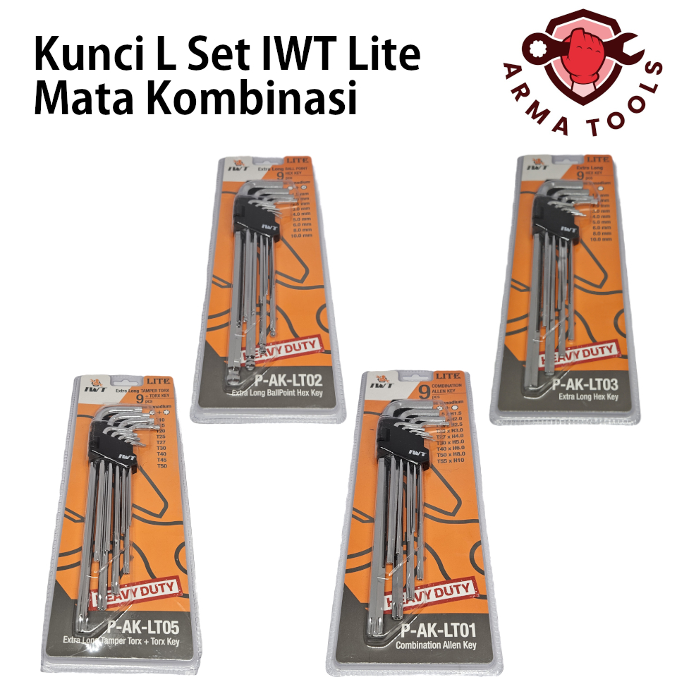 Kunci L Set IWT 9 pcs Panjang Kombinasi Hex-Hex, Tamper Torx-Tamper Torx, Hex-Tamper Torx, Hex-Ball