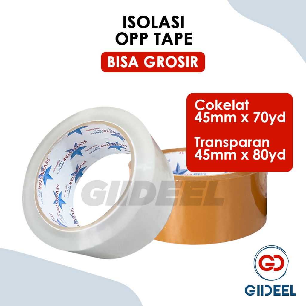 

GIIDEEL SOLASI LAKBAN OPP BISA GROSIR UKURAN 45mmx80yard CLEAR WHITE & 45mmx70yard COKLAT