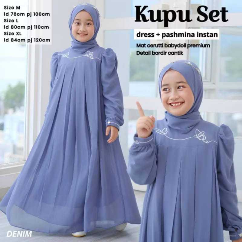 Kupu Set Gamis Muslim Anak USia 5-14 tahun Bahan Ceruti mewah Baju Dress Kondangan Lebaran