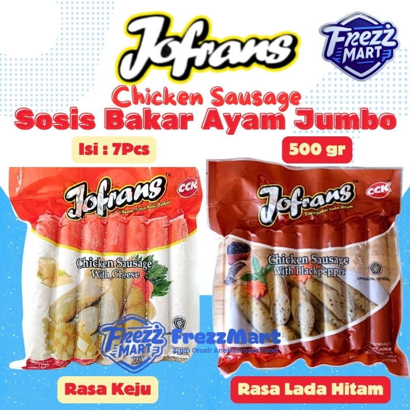 

Jofrans Sosis Bakar Jumbo Ayam 500gr Rasa Keju dan Lada Hitam Chicken Sausage With Cheese & Blackpepper