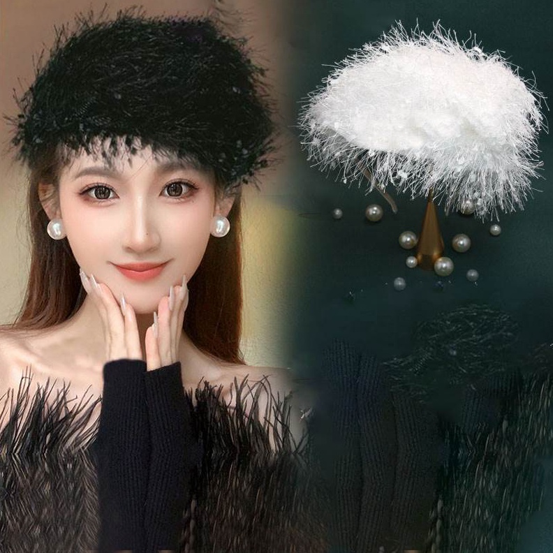 Topi Wanita Topi Wanita BaruTopi Kecil Retro PrancisBando BuluJepit Rambut Gaya Barat Hitam Aksesori