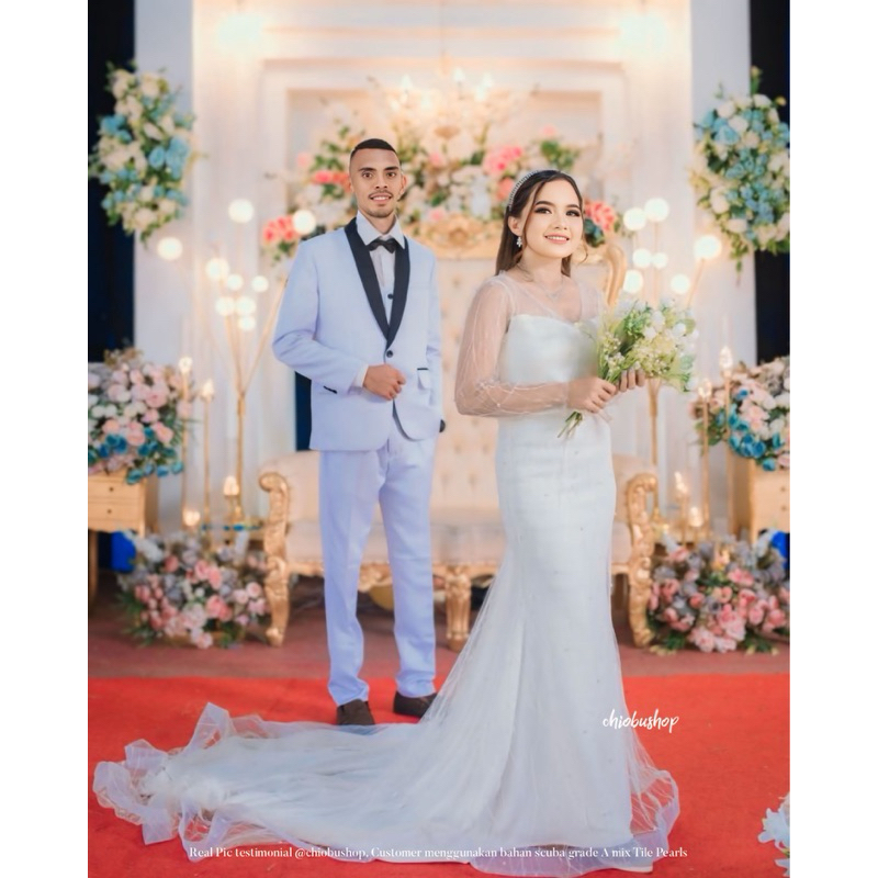 Chiobushop - Pipin Wedding Dress Tile Mutiara Prewedding Gaun Putih Wedding Dress Hijab