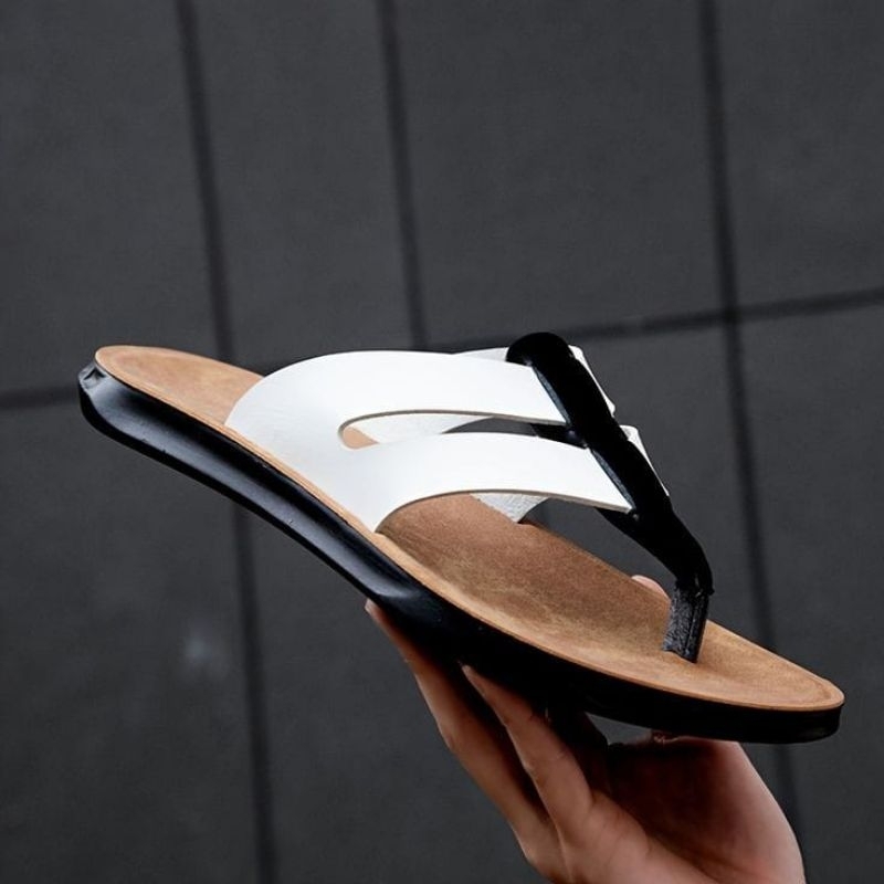 Sandal pria jepit putih  asli kulit