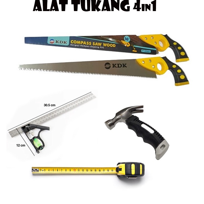 Promo Murah  Paket Lengkap Alat Tukang 4in1 Gergaji Kayu Palu Kambing Cabut Paku Penggaris Siku Wate
