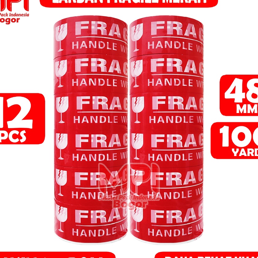 

Murah 1 LUSIN Isi 12 Lakban Fragile Merah 48 mm x 1 Yard Handle With Care Jangan Di Banting MPI