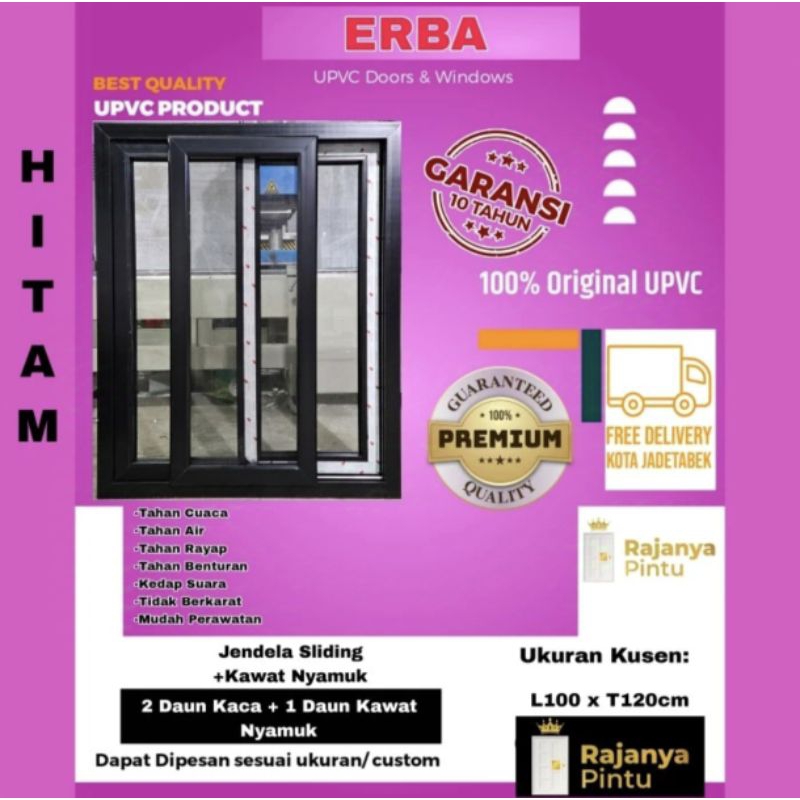 Jendela Sliding Upvc Erba Hitam 2daun+1daun kawat nyamuk