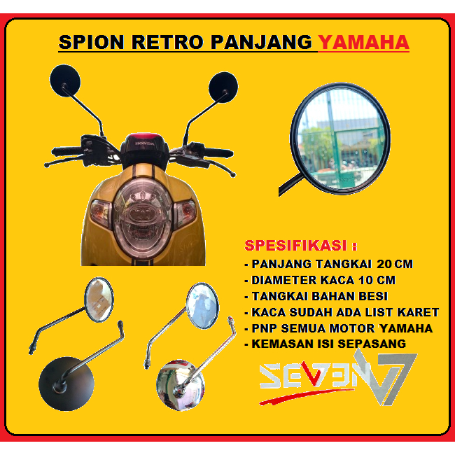 SPION RETRO TANGKAI PANJANG YAMAHA FAZZIO MIO SOUL XEON M3 FINO JADUL KLASIK BLACK CROM SEVEN