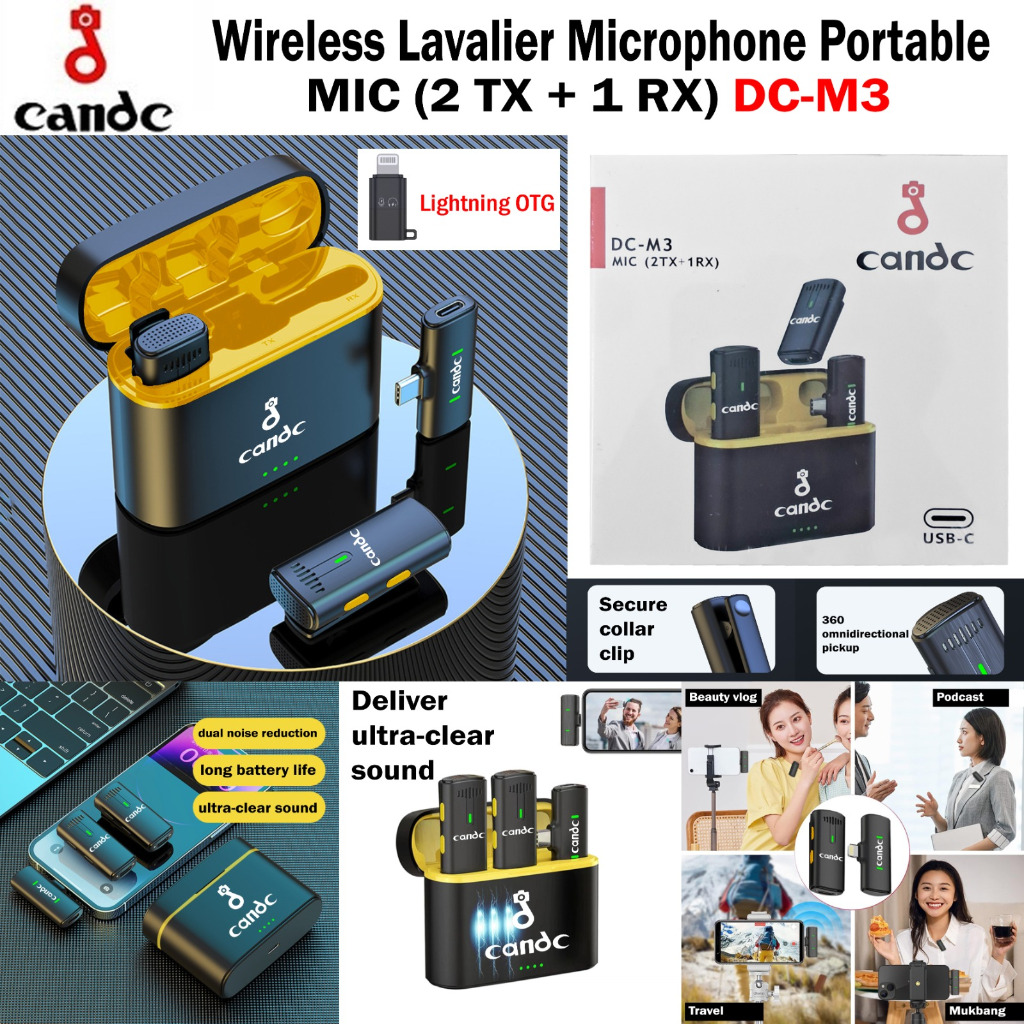 Clip On Microphone Wireless Bluetooth Lavalier Portable Mic 2 Transmitter 1 Receiver DC-M3