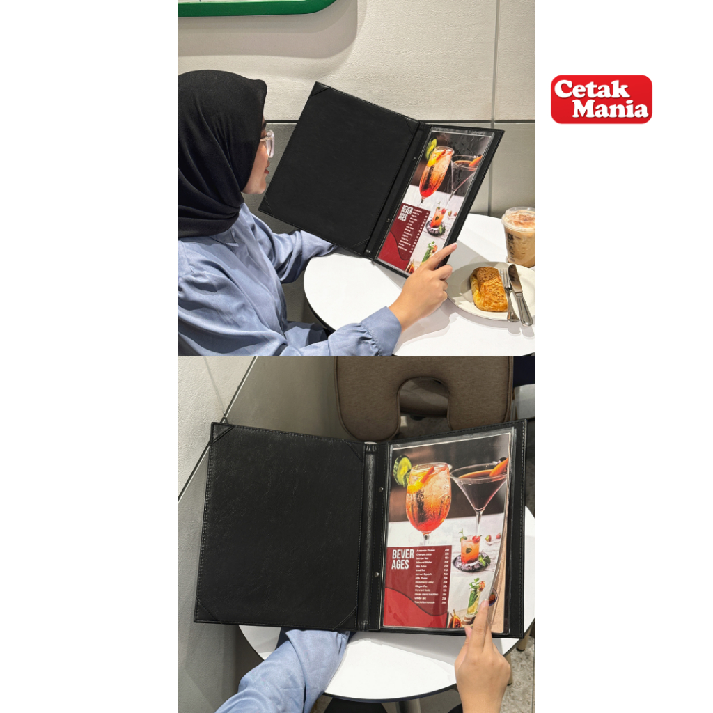 

Cetak Mania - Buku Menu Kulit Polos dan Logo Jepit Baut Isi Plastik Mika A4 & 15x30 Coklat muda,