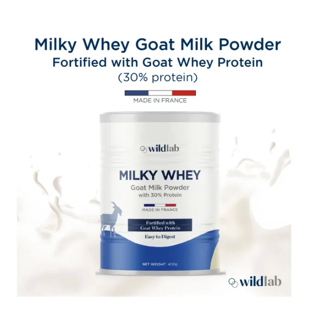 

Wildlab Milky Whey Goat Milk Powder Fortified with Goat Whey Protein (30% Protein) 400g France