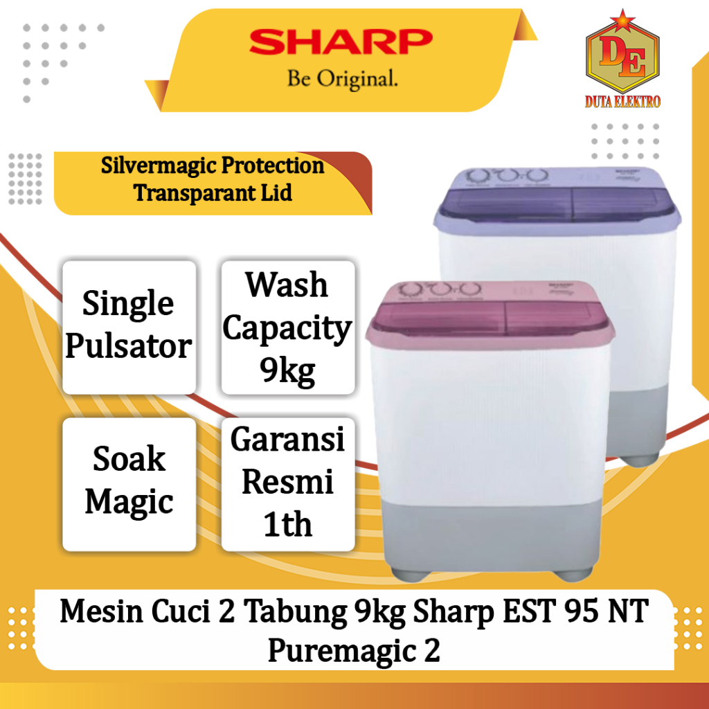Mesin Cuci 2 Tabung 9kg Sharp EST 95 NT Puremagic 2