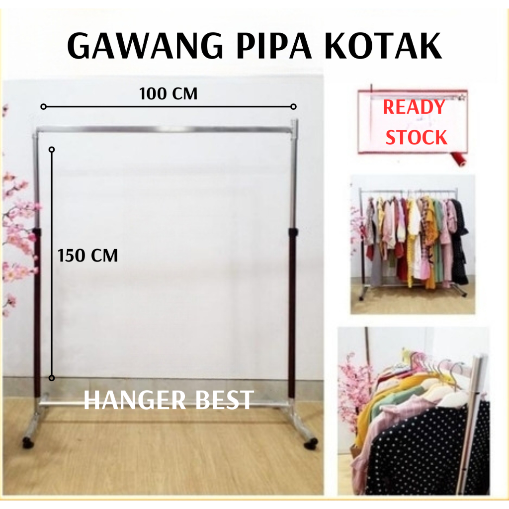 Hanger Gantungan Baju Palang Kotak 1 M ( 100 CM) / Gawang Pajangan Baju Display Toko