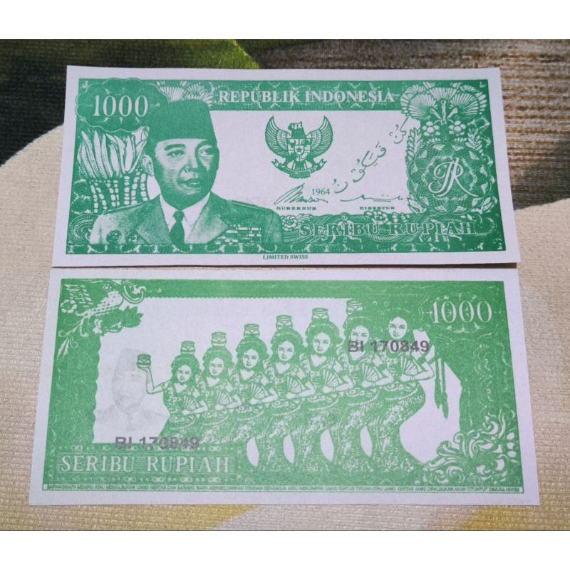 uang souvenir sukarno melengkung penari serimpi 7 miring limited swiss 1964 benang tanam logo RI bay