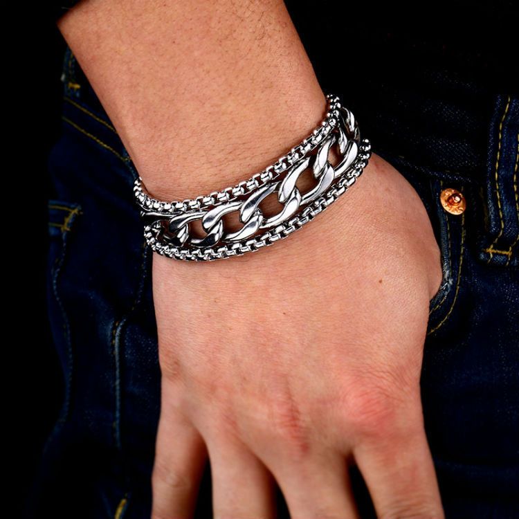 Gelang Rantai 3 layer Perak Silver Gaya Punk Hip Hop  / Gelang Rante Pria Model Lebar /  Aksesoris F