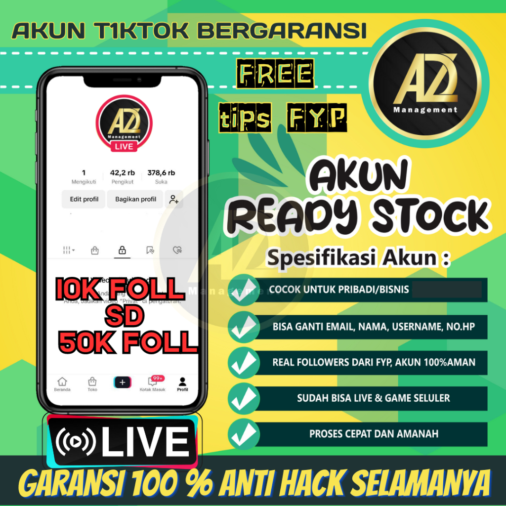 Jual Akun Tiktok T1KT0K 10.000 s.d 50.000 Followers Garansi 100% bisa Login Anti HackBack