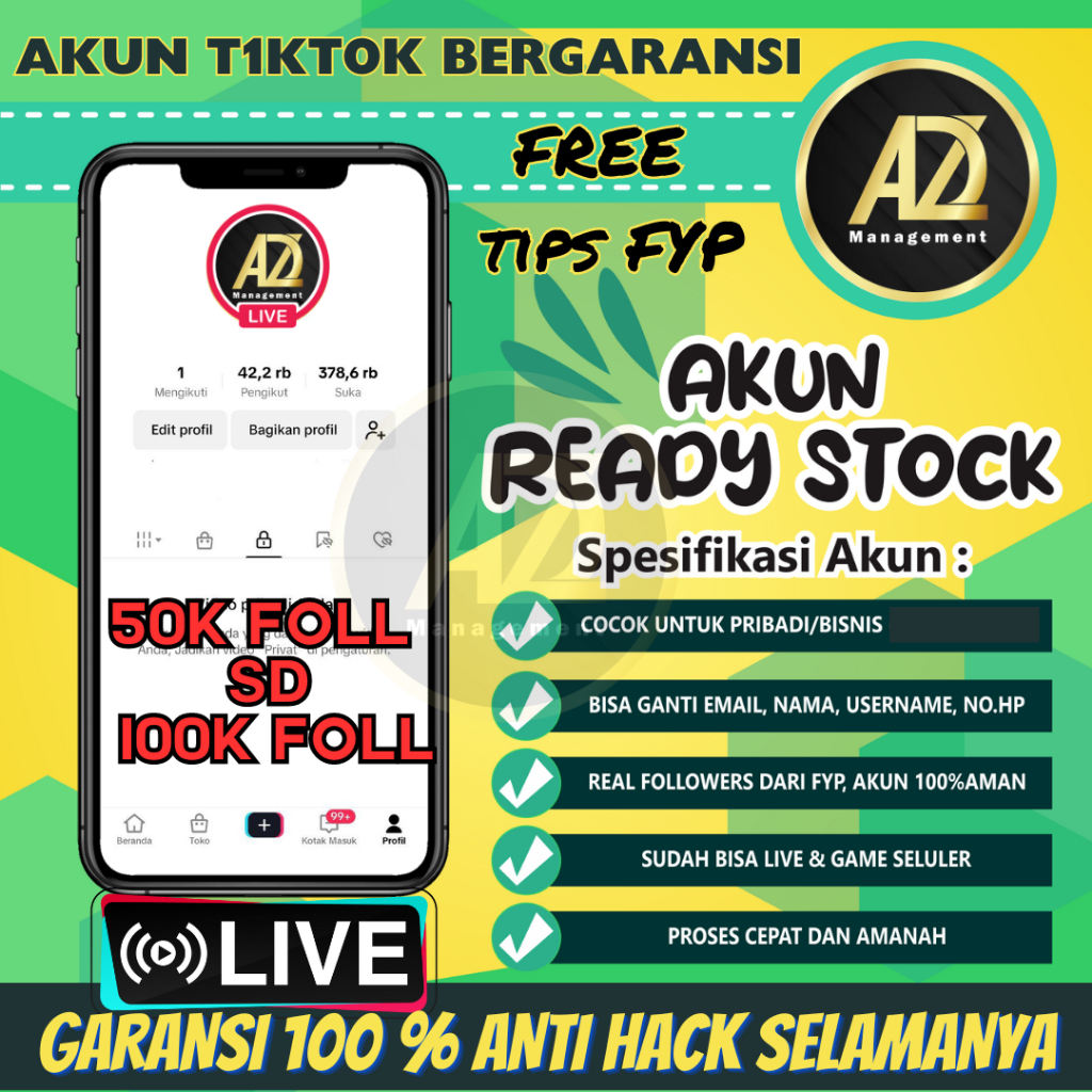 Jual Akun Tiktok T1KT0K 50.000 s.d 100.000 Followers Garansi 100% bisa Login Anti HackBack