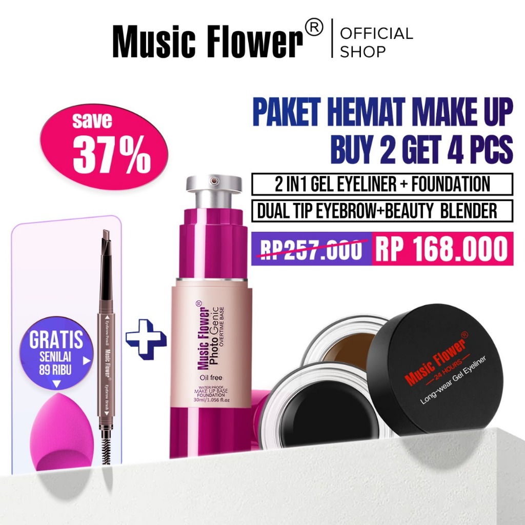 [BUNDLE] MUSIC FLOWER Paket Simple Make Up Set Glow Photogenic Foundation + Eyebrow Eyeliner Gel