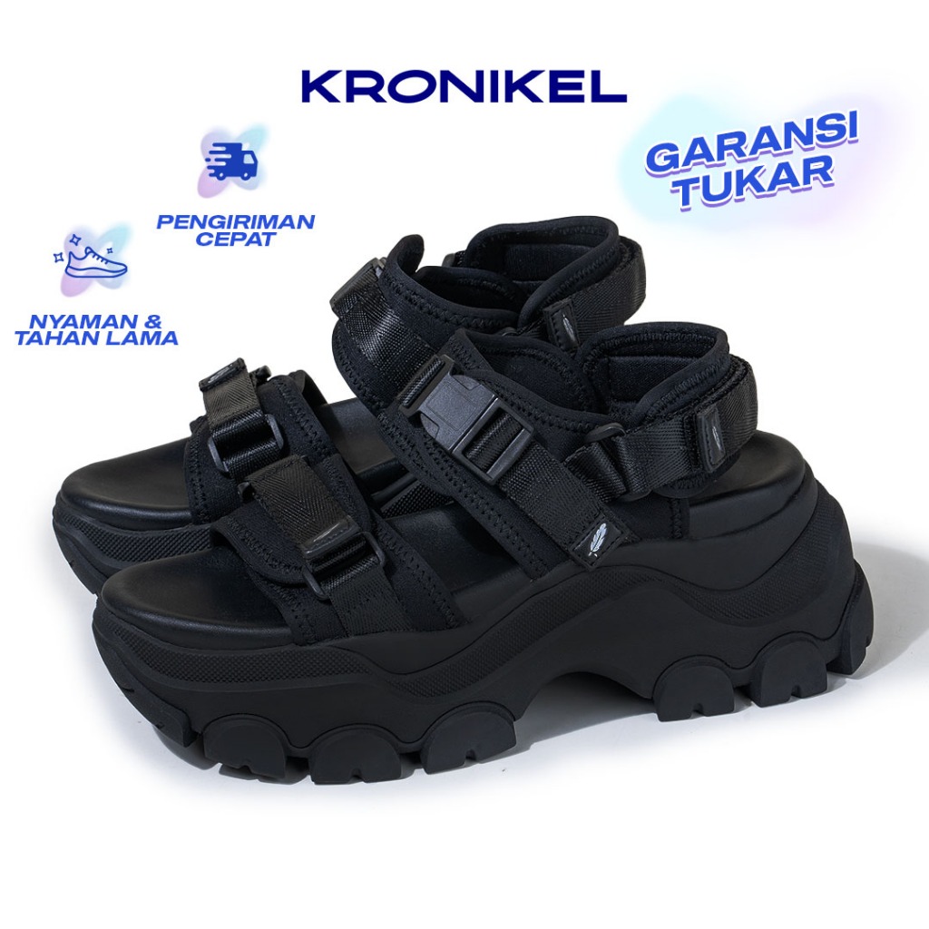 KRONIKEL Osaka Sandal Tinggi Tali Wanita Chunky Concert Sandal Hitam Black