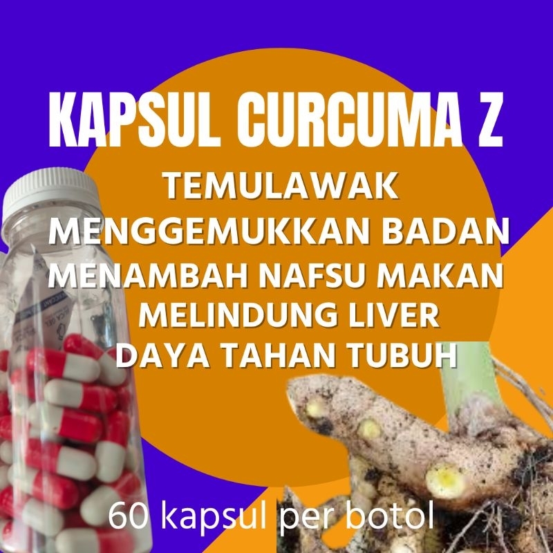 TEMULAWAK CURCUMA Z dalam KAPSUL, asli hanya temulawak tanpa campuran, 60 kapsul / botol