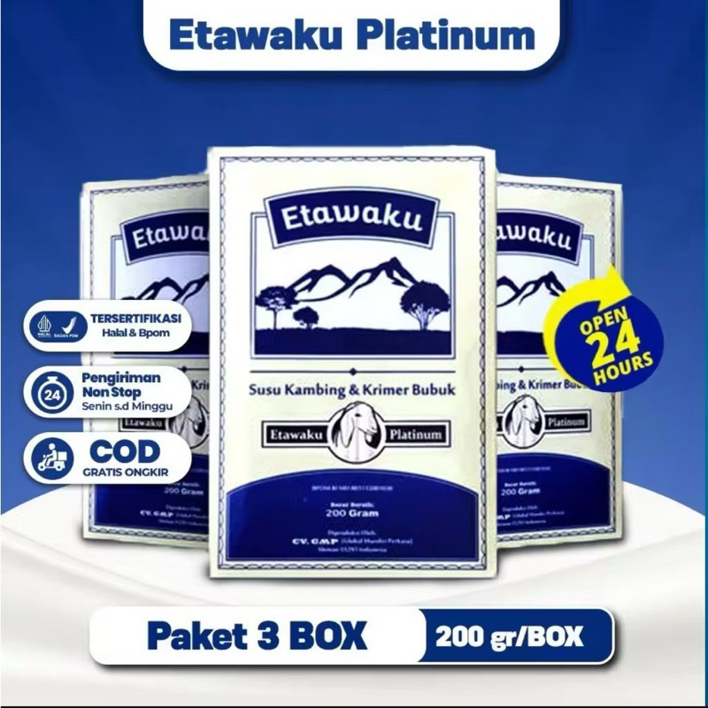 

PAKET 3 BOX ETAWAKU PLATINUM - Susu Kambing Etawa Provit Solusi Atasi Masalah Gangguan Pernapasan / Asma / Lutut Sakit Tulang Sakit Nyeri Sendi Tulang Keropos Osteoporosis Obat Nafas Napas Lega Minuman Kesehatan Termurah Terlaris Terampuh