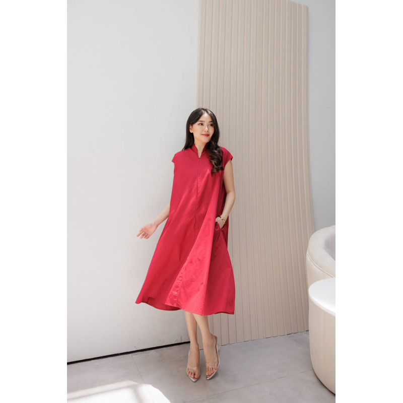 Dress Natal Zipper Flare Midi Poplin Dress Christmas Edition