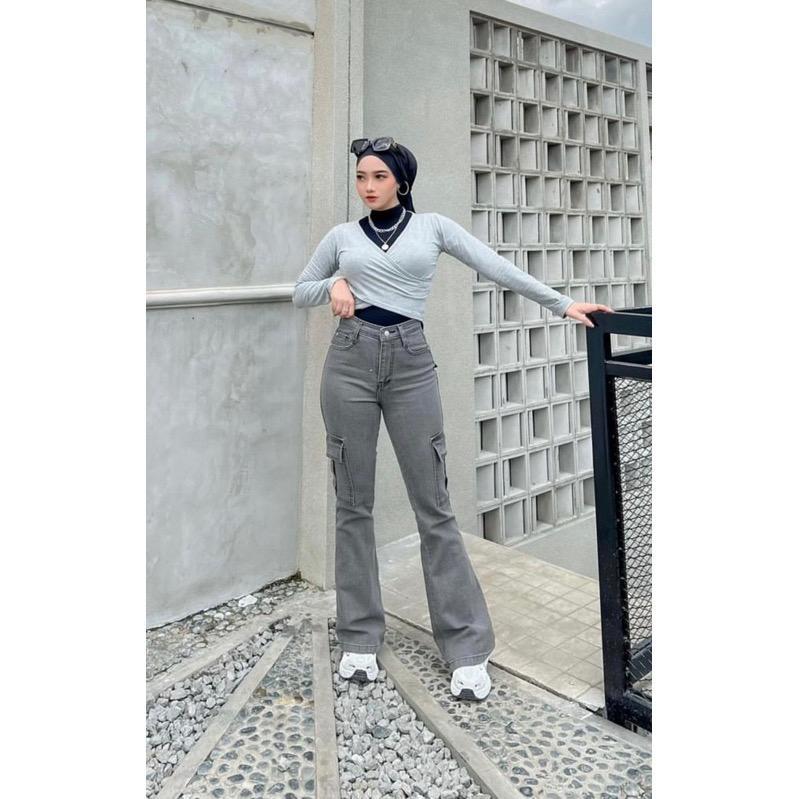 Celana Cutbray Cargo Jeans Wanita - Celana Jeans Wanita - Highwaist Kargo Cutbray Jeans Wanita Gv