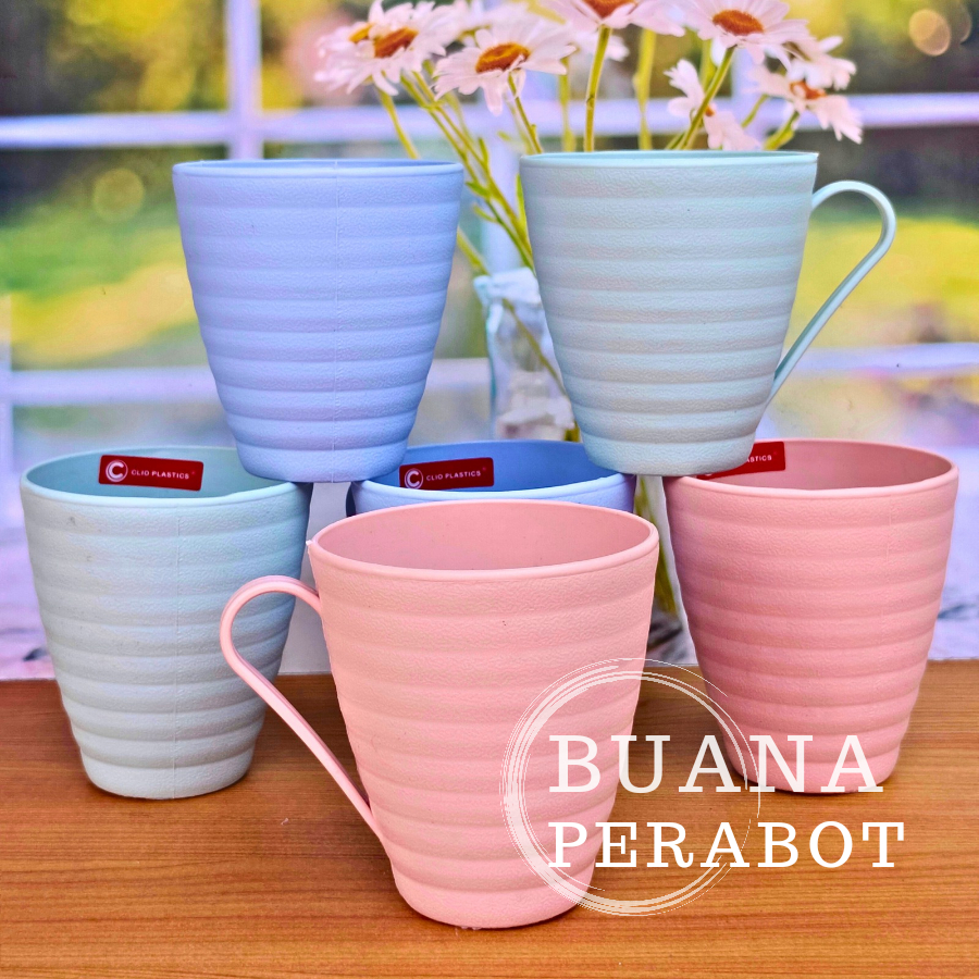 6 Pcs Gelas Plastik 400 ML - Gelas Gagang Plastik - Cangkir Plastik Multi warna Tahan Panas Bayar Di