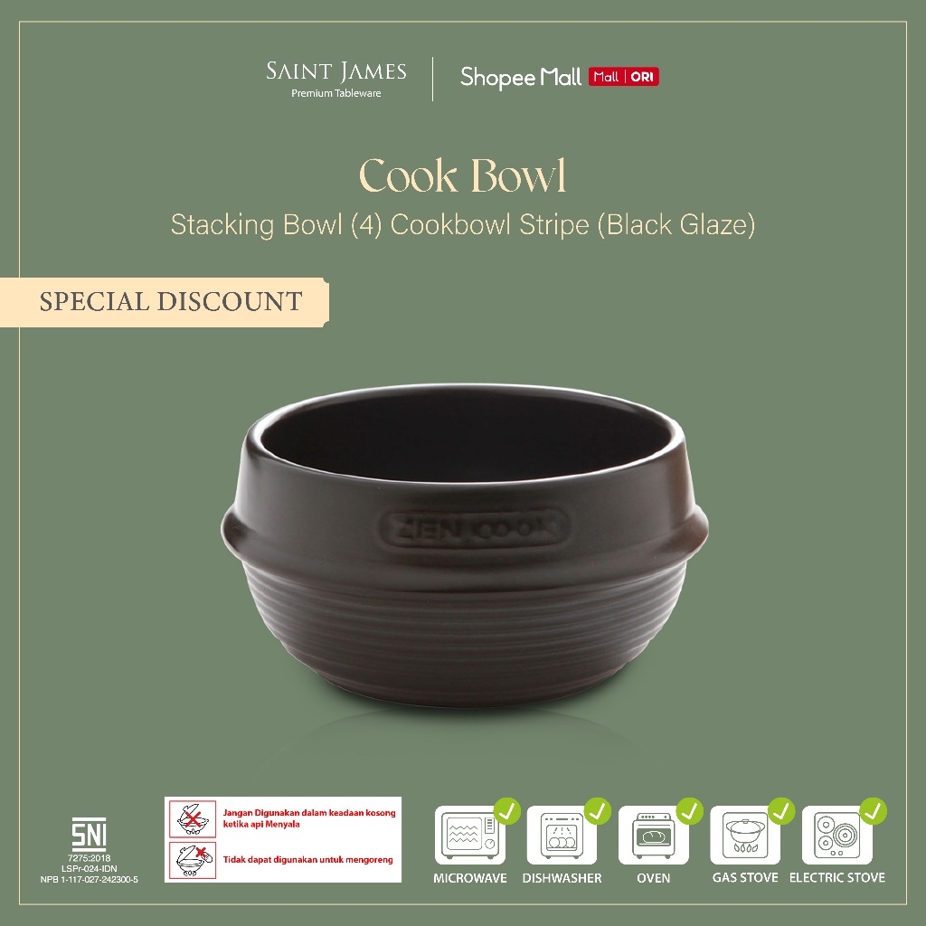 Saint James Stacking Bowl (4) Cook Bowl Stripe (Black Glaze)