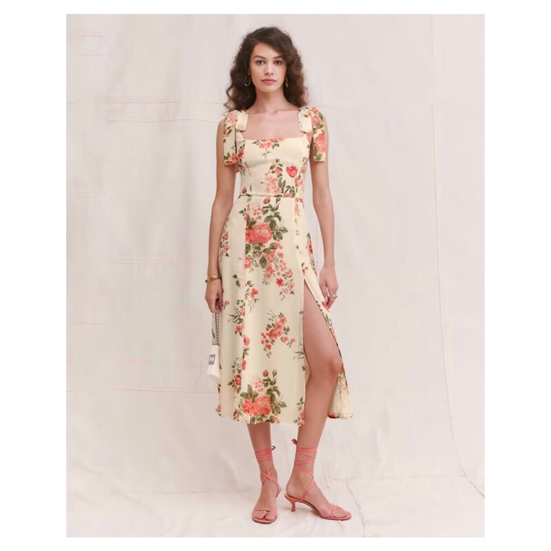 White Fancy Flower Strapp Slit Dress