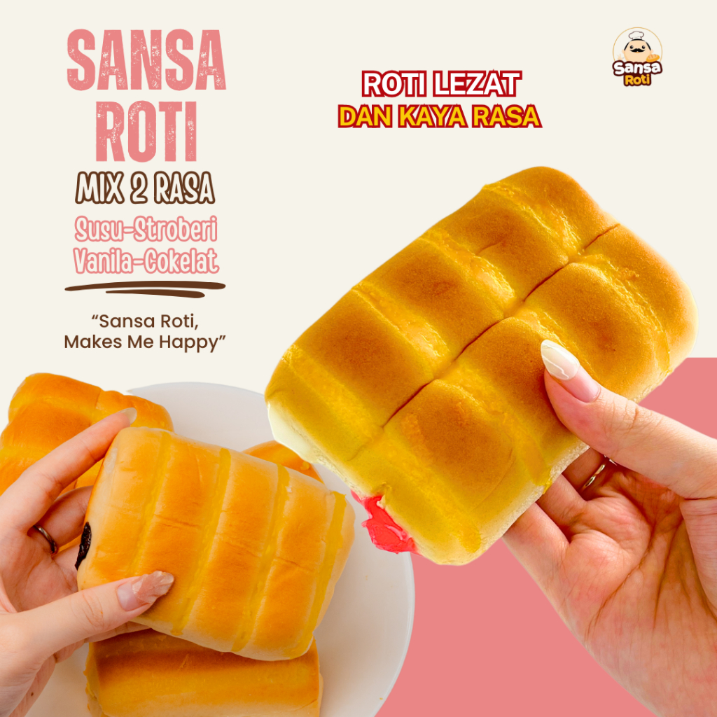 

Sansa Roti Mix 2 Rasa (SUSU STROBERI & VANILA COKLAT) isi 15 Pcs + (FREE 3 PCS) Snack Roti Mix