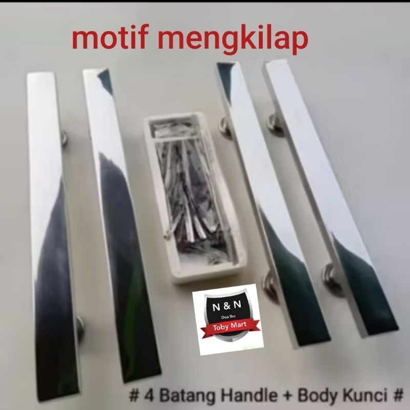 Kunci Pintu Fullset + Gagang 4pcs Stainless Polos Mengkilap / Handle pintu rumah New 60cm 45cm 33cm