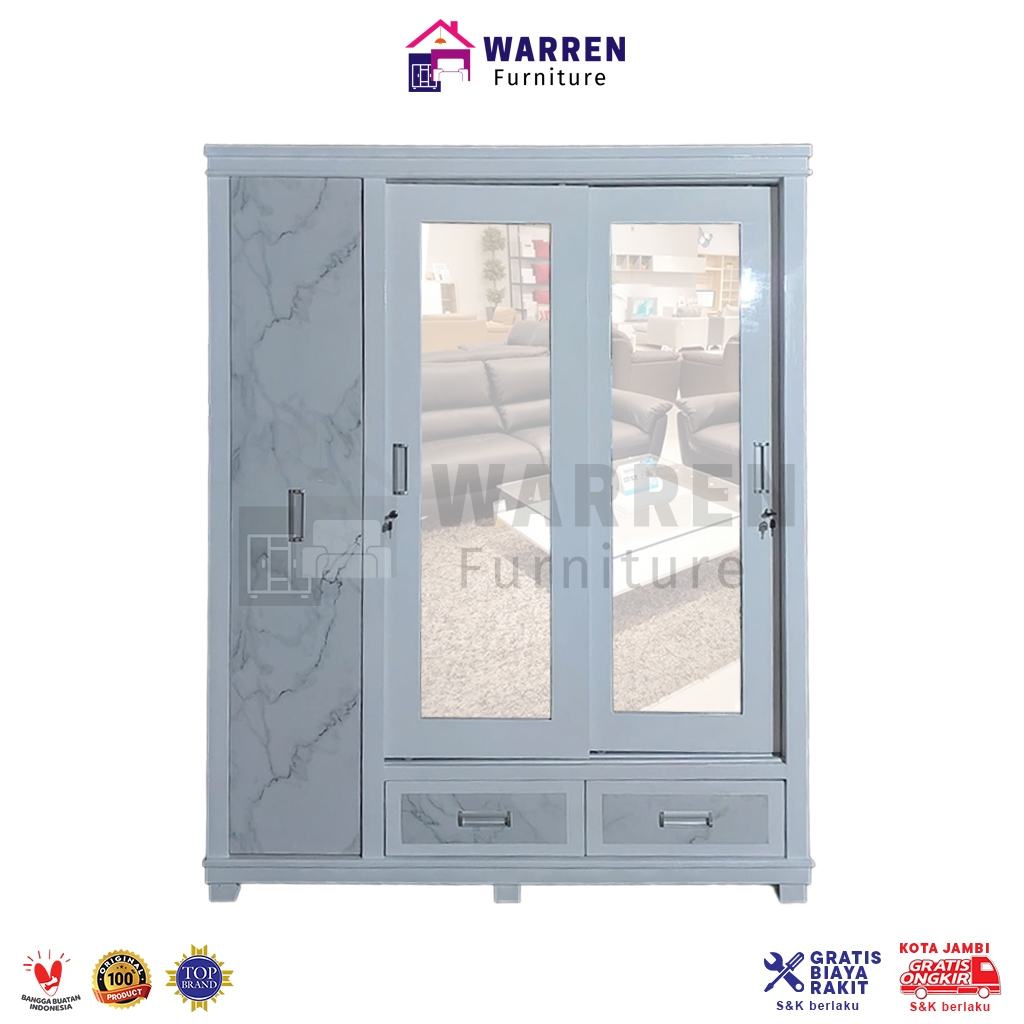 Lemari Pakaian 3 Pintu Kaca LED Full Body + Rak Hijab + 2 Laci Bawah - HPL