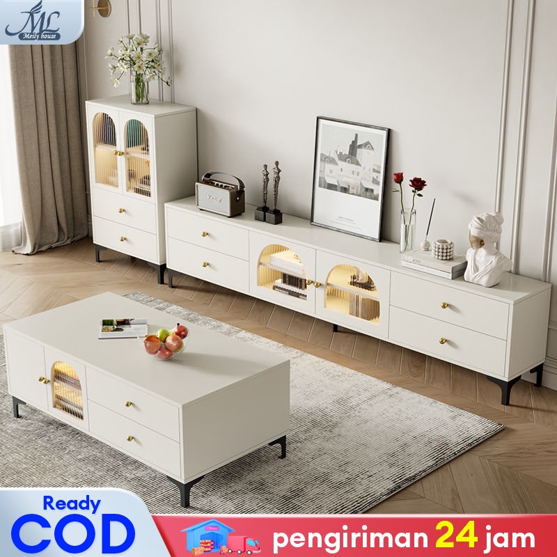 Meja TV Meja Kopi Lemari Penyimpanan Kombinasi Furnitur Ruang Tamu Set Gaya Krem Gaya Inggris