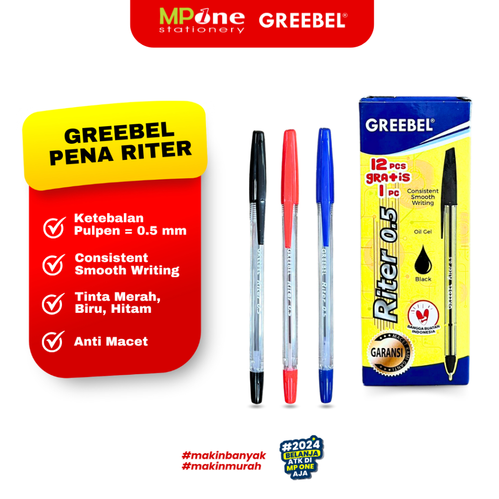

(1 KOTAK) Greebel Pena Merah Riter Tinta Merah, Biru, Hitam 0,5mm / Pulpen Red/Blue/Black Cover Transparant Greebel Riter Isi 12+1 PCS