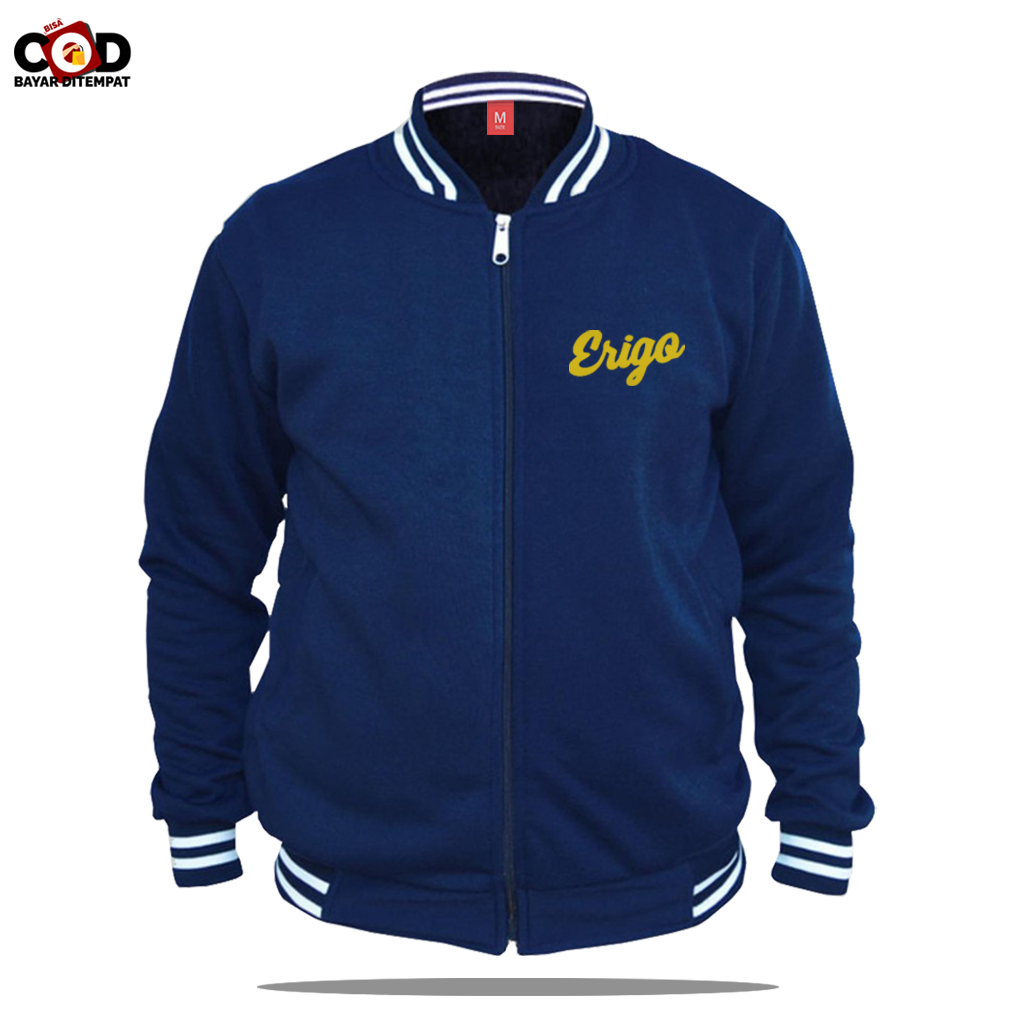 Anzdistro - Jaket Baseball Varsity Resleting Erigo Text Gold - Jaket Baseball Pria Wanita Terbaru